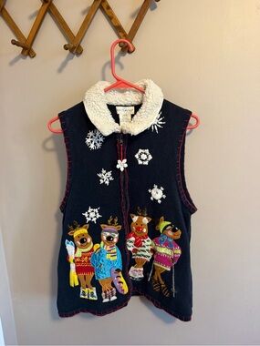 White Stag Vintage Skiing Reindeer Sherpa Collar Christmas Sweater Vest M
